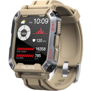 ALKAI Smart Watch Rugged and Military with 5ATM Waterproof Bluetooth Call(Answer/Dial Calls) AI Assistant, Long-Lasting Battery Life, Multiple Sports Tracking, Health Monitoring, 2.02'' HD Display (Khaki)