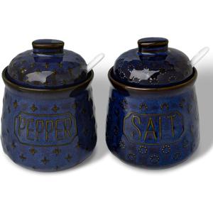 GDCZ 10 Oz Ceramic Salt and Pepper Bowls Set with Lid and Spoons, Seasoning Container, Dishwasher Safe, Set of 2 (Blue)