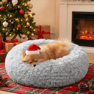 JOLLYVOGUE Calming Small Dog & Cat Bed for Indoor Cats - 20 inches Washable Donut Bed for Kittens & Puppies, Anti-Anxiety Round Fluffy Plush Pet Bed (Fits up to 15 lbs) (01 - Smoke Grey)