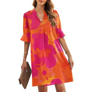 JOCAFIYE Womens Dresses V-Neck Ruffled Short Sleeve Dress Casual Shift Dress Summer Dresses for Women 2026, M