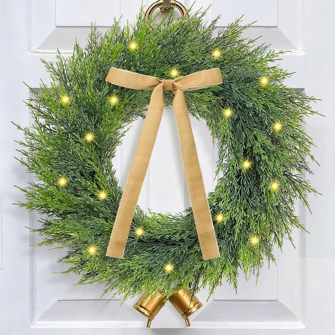 Yastouay 2 Pack 24" Christmas Wreaths for Front Door, Christmas Wreaths with Lights Bow Gold Cow Bell, Christmas Door Wreath for Christmas Garland for Home Wall Window Indoor Outdoor Decor