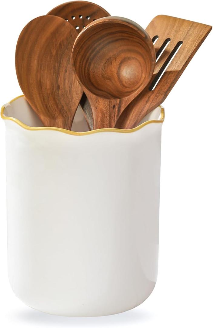 Onniyor Ceramic Kitchen Utensil Holder for Countertop, 7.4 Inch Large Cooking Utensil Crock for Spatulas, Spoons & Tools, Modern Farmhouse Organizer, Multi-Purpose Counter Decor, Easy to Clean, White