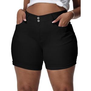Womens Plus Size Jean Shorts Stretchy High Waisted Distressed Fold Hem Denim Shorts (22 Plus, Black-112)