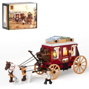 FUNWHOLE Western Stagecoach Lighting - Juego de ladrillos de construccin  Carruaje y caballo del viejo oeste 293 piezas coleccin juego de exhibicin para amantes del oeste