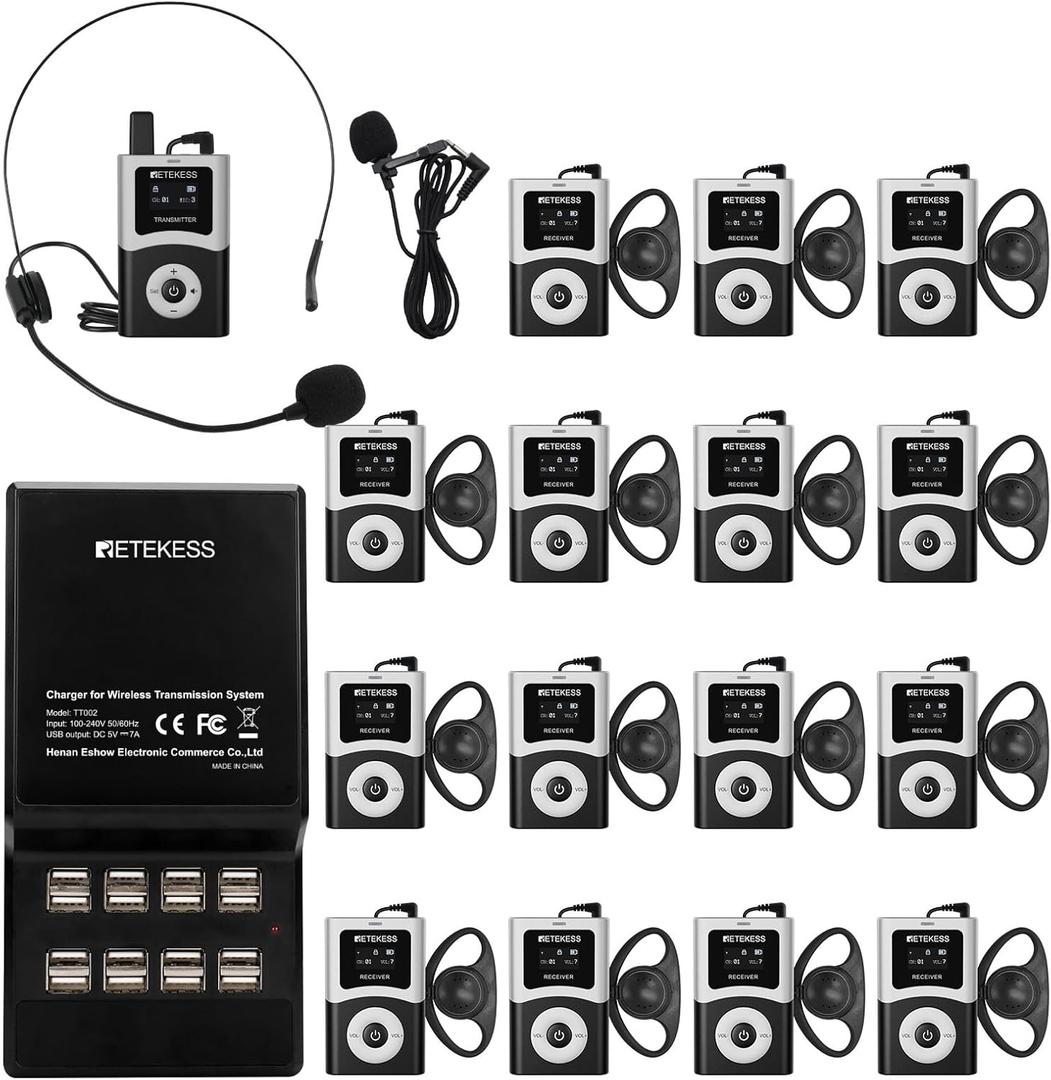 Retekess T130U(4nd Gen T130) Wireless Tour Guide System, Church Translation System, U-Band, 200M, 40H, One-Key Operation with Charging Kit, Tour Guide Headsets for Travel(1Transmitter 15 Receivers)