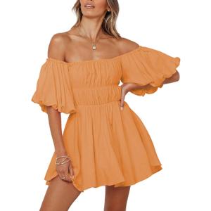 Dokotoo Womens Off The Shoulder Summer Dresses 2026 Short Lantern Sleeve Ruffle Elastic Waist A-Line Casual Mini Dress