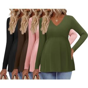 Ekouaer Womens 4 Packs Maternity Shirts Long Sleeve Pregnancy Tops V Neck Tunic Blouses Clothes (Large, Black/Brown/Pink)