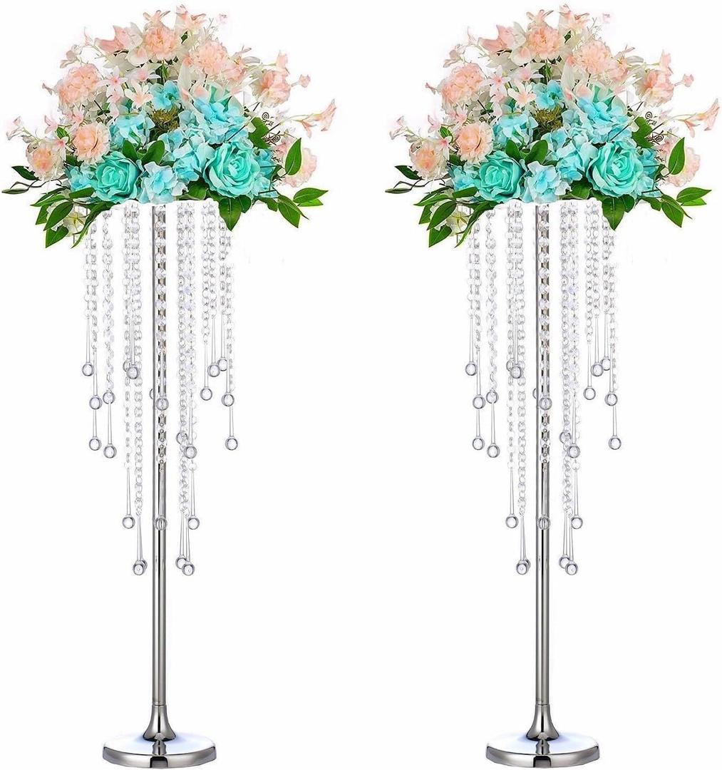 29.5 inches Tall Silver Vases Wedding Centerpieces, Elegant Metal Flower Candle Holder with Chandelier Crystal,for Wedding Party Event,Birthday,Reception,New Year Home Decorations