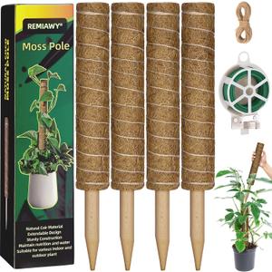 Moss Pole 56 Inch, 4 Pcs Moss Pole Monstera Plant Support, 17.7 Inch Coir Totem Pole Moss Stick for Climbing Plants Indoor Monstera Extension, Train Potted Creepers to Grow Upwards, 65 Feet Twist Tie