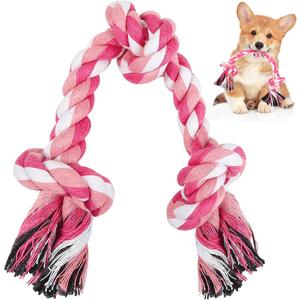 Dog Rope Toys, 3 Knots Chew Rope for Small, Medium and Large Dogs, Natural Cotton Pet Pull Toy for Tug of War and Teeth Cleaning (Pink)