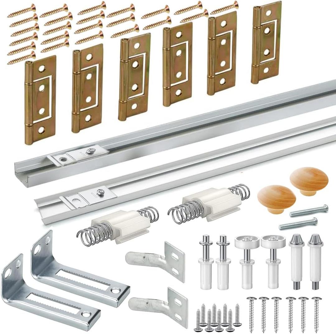 Bifold Door Hardware with Track, Bi-fold Closet Door Hardware Repair Tool Kit, Included Top Guide Wheels, Top Pivot, Bottom Pivot, Spring, Metal Pivot Pin and Steel Track (60 inch)
