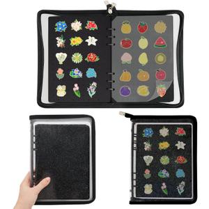 Pin Display Book Enamel Pin Collection Holder Trading Book with 8-Page Display Boards A5 Brooch Pin Storage Organizer Binder Album for Travel Collectors (Glittery Black Shell)