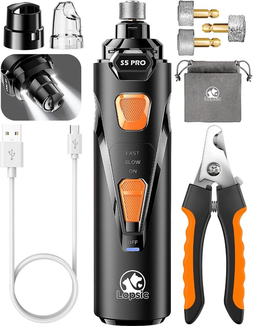 Dog Nail Grinder with 2 LED Lights Powerful 2 Speeds Super Quiet Dog Nail Trimmers with 3 Grinding Wheels Rechargeable Pet Dog Nail Clippers for Large Medium Puppy Dogs Dog Nail File Cat Nail Clipper (Whisper Quiet-Black)