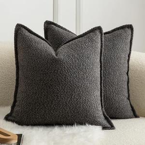 MANDIOO Pack of 2 Decorative Throw Pillow Covers Accent Solid Woven Textured Cushion Covers Pillow Cases Bedroom Living Room Sofa Home 16 x 16 inch, Dark Gray
