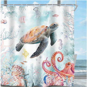Riyidecor Sea Turtle Octopus Shower Curtain for Bathroom Decor 70Wx84H Extra Long Ocean Beach Seaside Teal Blue Child Coastal Nautical Art Printed Fabric Polyester Waterproof 12 Pack Plastic Hooks