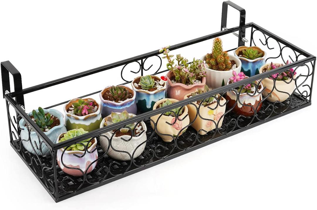 Balcony Flower Pot Stand Rack Patio Railing Shelf Plant Pots Holder Windows decorate (L, Black)