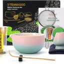 TEANAGOO Matcha Whisk Set Pink,Ceremony Matcha Set Kit Grident Pink,Matcha Tea Set for Making Breakfast/Latte,7 Pcs Matcha Whisk Set and Bowl with All Accessories,Gift for Family/Friend (Pink Green Gradient 1)