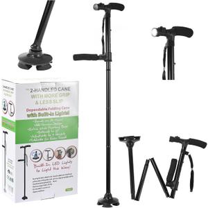 Walking Cane with Led Light, Adjustable Folding Canes for Women and Men, Walking Stick for Elderly with Cushion Handle and Pivoting Quad Base for Hiking Mountain Climbing Backpacker