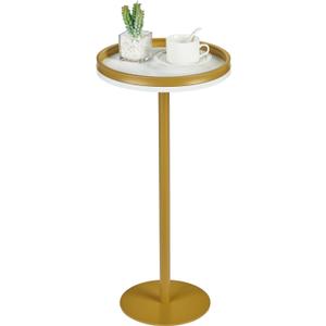 Round Drink Table,Small Pedestal Table,Small Round Side Table for Narrow Spaces,Martini Table for Living Room, Bedroom, Bathroom,Balcony (White + Gold)