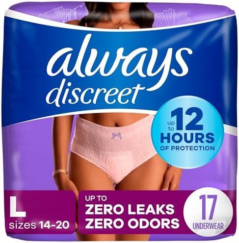Always Discreet Adult Incontinence & Postpartum Underwear for Women, Maximum, Large, 17 Count (Packaging May Vary) L