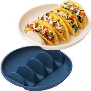 Silicone Taco Plates Set of 2, 9.76" Reusable Taco Holder Silicone Taco Shell Holder with Dividers for Hard/Soft Taco Shells Holder, Taco Serving Plates, Dishwasher & Microwave Safe Taco Holder Stand (2Pack(Milk White + Dark Blue))