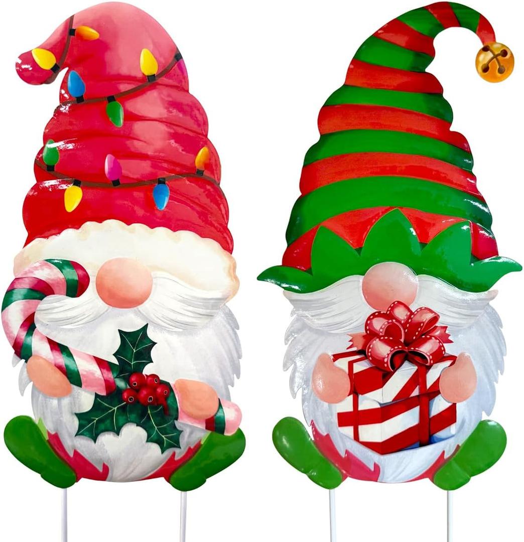 2 Packs Chrismas Decorations Yard Stakes Sign, 23 Inch Metal Gnome Stake, Waterproof Outdoor Decorative Xmas Holiday Outdoor Garden Welcome Signs Yard Lanwn Stake (Christmas)