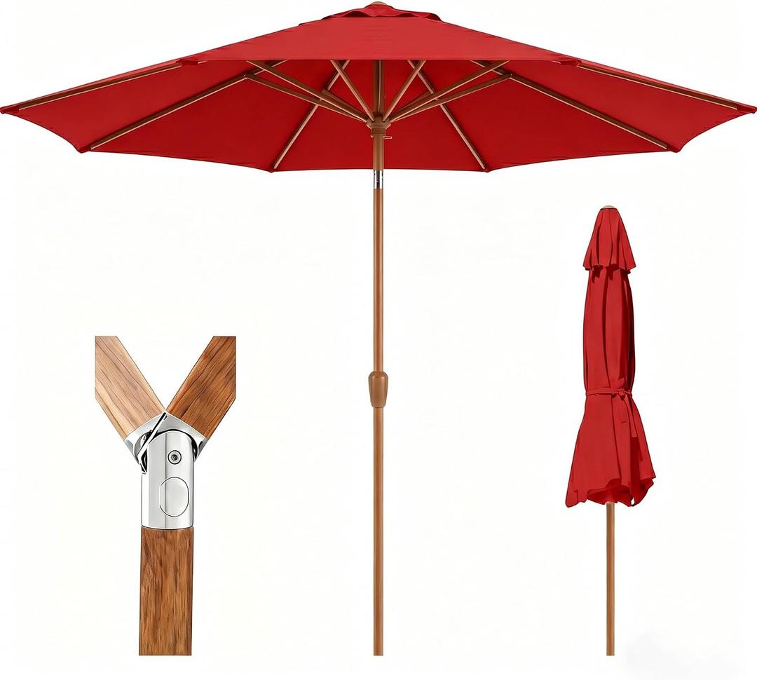 9ft Outdoor Patio Umbrella, Market Table Umbrella with Crank and Easy Push Button Tilt, Wood Grain Frame, UPF 50+ for Pool, Garden, Deck, Backyard
