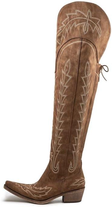Atuelang Cowboy Boots for Women Thigh High Cowgirl Boots Wide Calf Western Embroidered Over The Knee Boots (6, Brown)