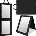 1 Pack Foldable Full Length Travel Mirror with Full Light 25.2x11.8 Inch Foldable Hanging Backstage Mirror LED Double Side Lights for Travel Camping Dance Competition Home Fitness Gift(Black)
