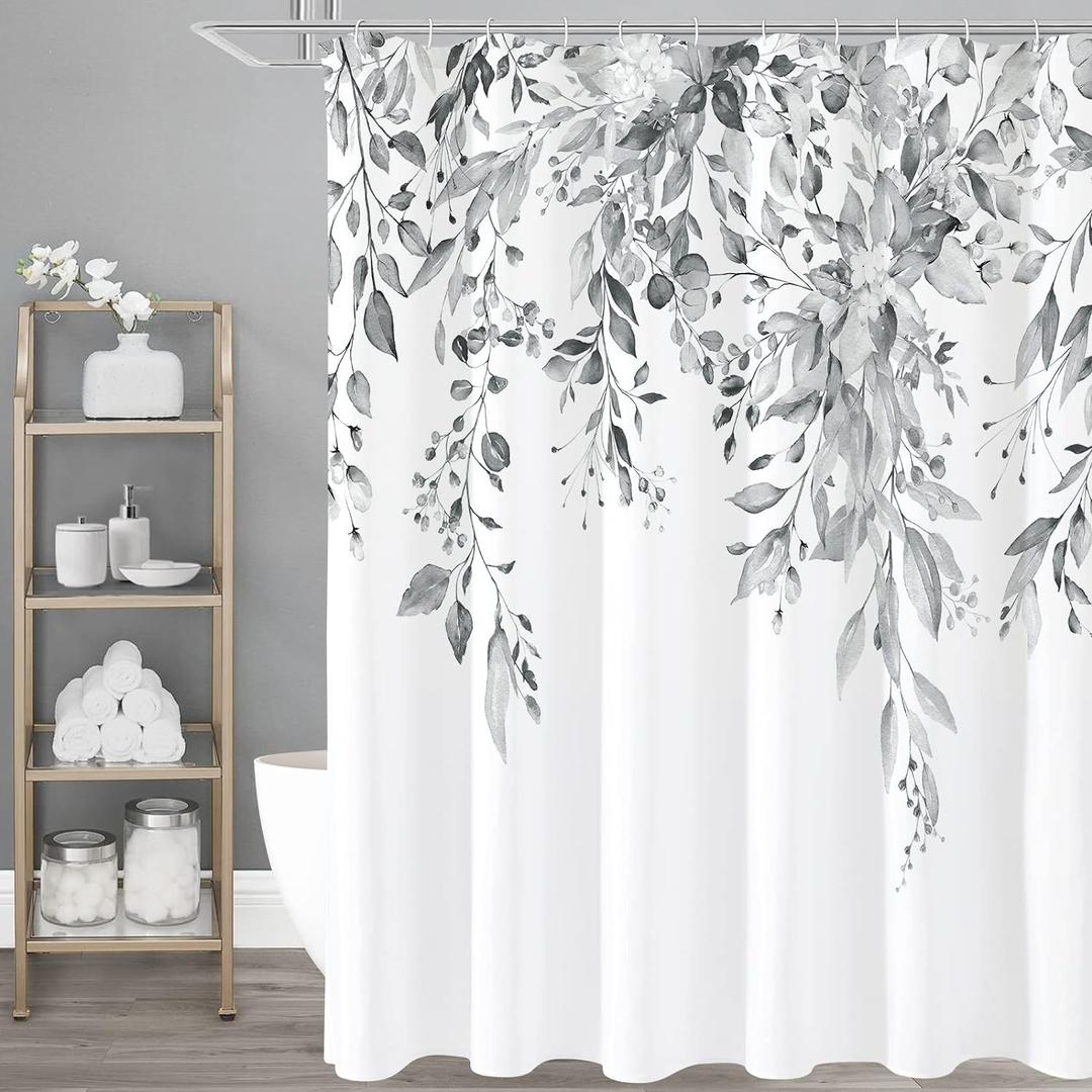 Gibelle Long Shower Curtain 72 x 78, Grey Floral Shower Curtain for Bathroom, Watercolor Plant Eucalyptus Leaves Fabric Shower Curtain Set
