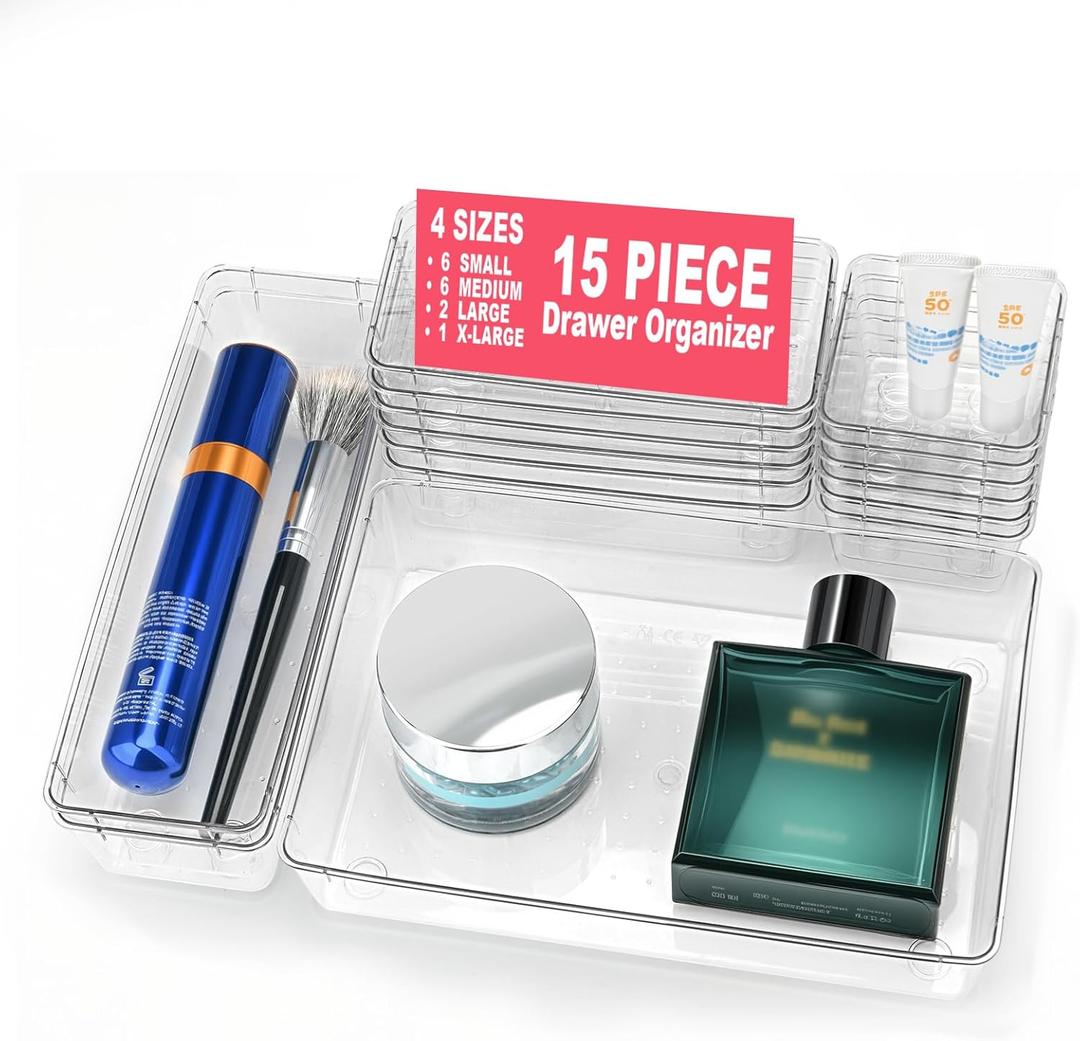 15 Piece Clear Plastic Drawer Organizers Set - 4 Sizes Bathroom & Dresser Storage Bins, Stackable Kitchen Desk Organizer Trays for Makeup, Jewelry, Utensils, Junk, Gadgets