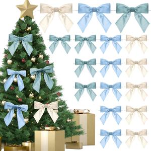 24 Pcs Velvet Christmas Bows for Christmas Tree 4.72" Rustic Crafts Gift Velvet Ribbon Twist Tie Bows for Xmas Wreaths Garland Gift Wrapping Wedding Decor(Peacock Blue,White,Blue)