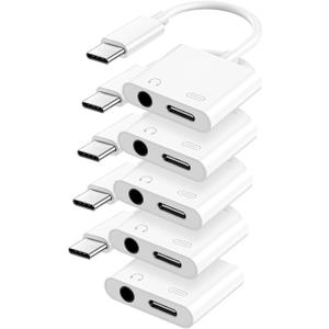 USB C to 3.5mm Headphone and Charger Adapter, Type C to Aux Jack Dongle Cable Cord with PD Fast Charging for iPhone 15/16/17 Pro/Max/Plus, iPad, Samsung Galaxy S22/S23/S24 Ultra, Note 20(5-Pack)
