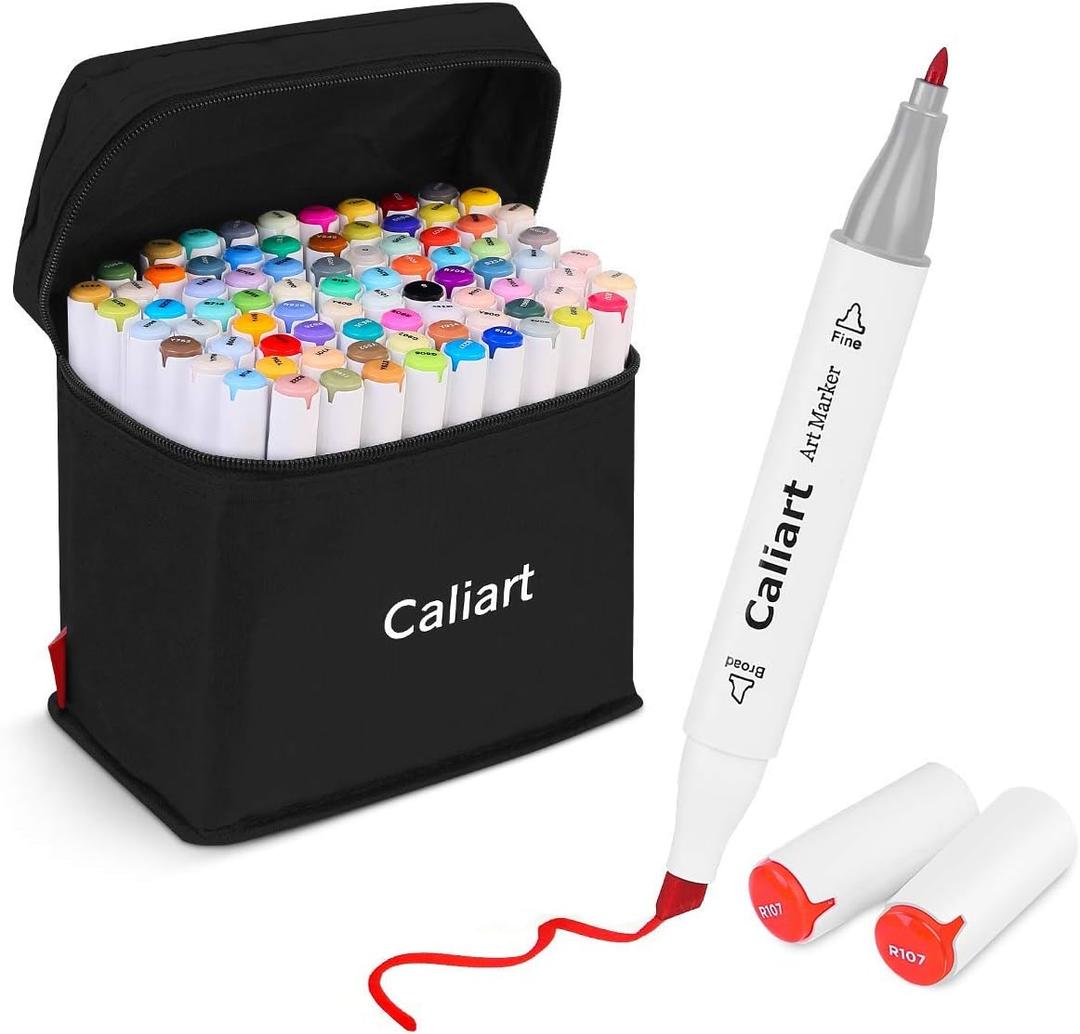 Caliart Alcohol Based Markers, 81 Colors Art Drawing Markers Set Dual Tip Fine & Chisel Permanent Colored Sketch Pens, with Case for Artists Adults Coloring Book Illustration
