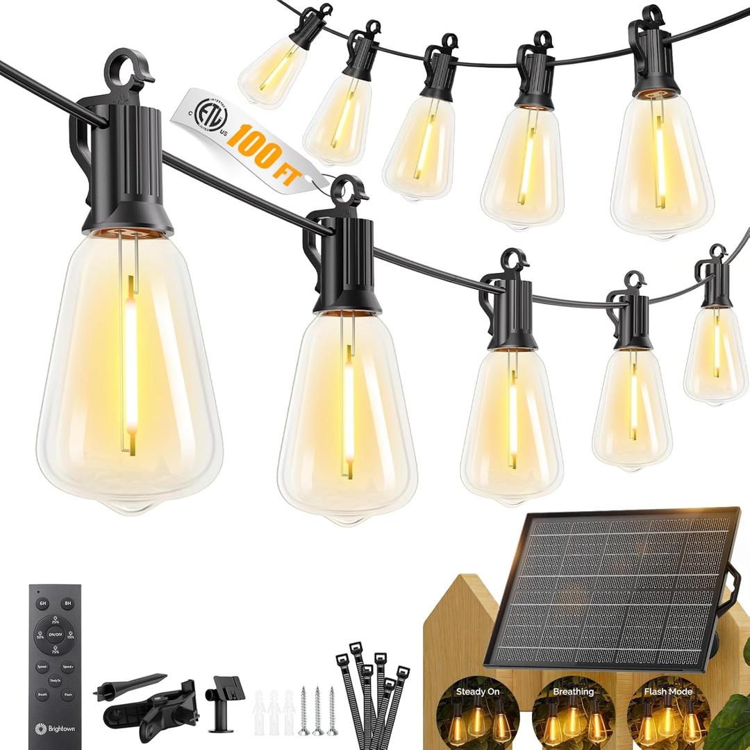 Brightown 100FT Solar String Lights Outdoor Waterproof, Patio Lights with Remote and 31+2 LED Shatterproof Bulbs, Dimmable & Timable, 3 Light Modes, Solar Lights Outdoor for Yard Camping Party Outside