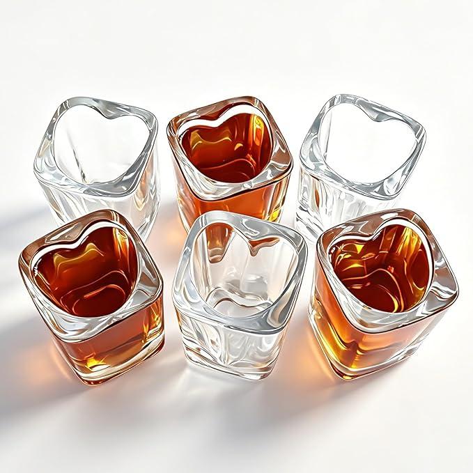6 Piece 2oz Heavy Base Clear Shot Glass Set  Heart & Square Shapes Cone Shot Cups for Tequila, Espresso, Vodka, Whiskey Bulk Pack for Bars, Home, Parties