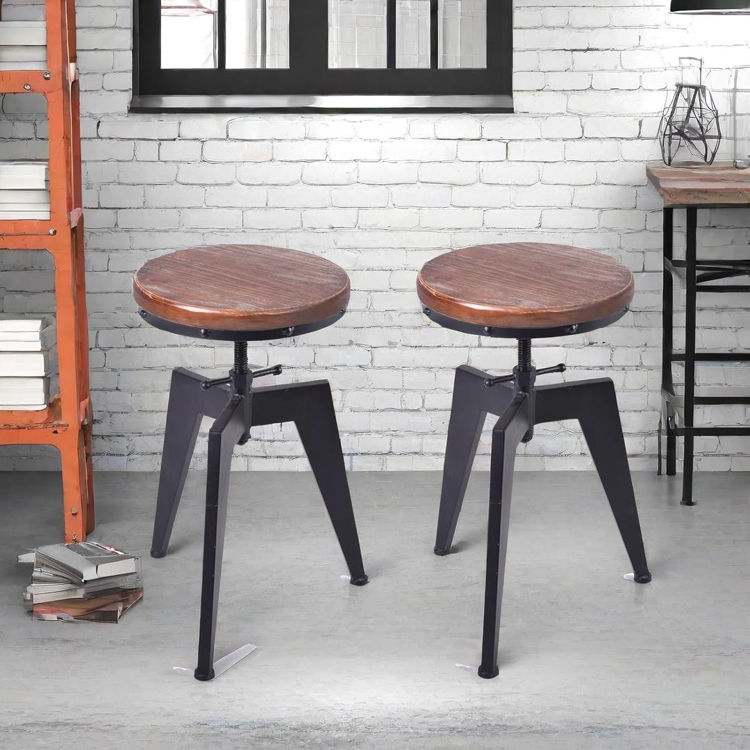 LOKKHAN Set of 2 Industrial Bar Stools-18.89"-24.8" Adjustable Counter Height Kitchen Stools for Island-Rustic Swivel Wood Metal Bar Stool Dining Chair Cafe Stool