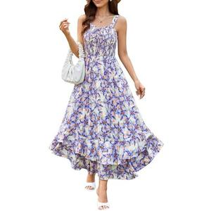 GRACE KARIN Women's 2025 Summer Floral Boho Dress Square Neck Strapped Swing A Line Sundress Beach Long Maxi Outfits Medium
