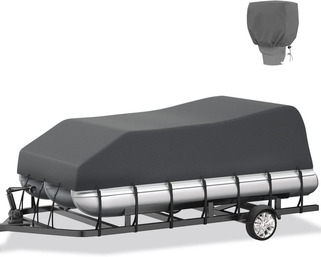 800D Pontoon Boat Cover with Motor Cover, Heavy Duty Solution-Dyed Polyester Cover, UV Resistant Marine Grade Waterproof Covers, 21'-24' Length, Beam Width 102" (DeepGray for Pontoon)