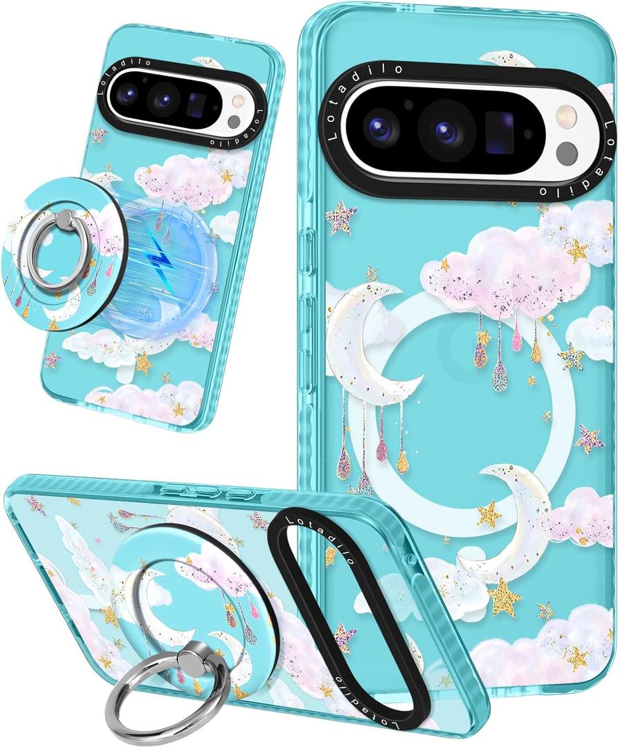 Cute for Google Pixel 9 Pro XL Case - Compatible with Magsafe Magnetic Ring Holder Stand Kickstand for Women Girls Girly Funny Fashion TPU Phone Case, Moon