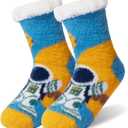 Kids Boys Fuzzy Slipper Socks Winter Soft Warm Thick Fleece Lined Plush Children Non Slip Home Socks (Blue)