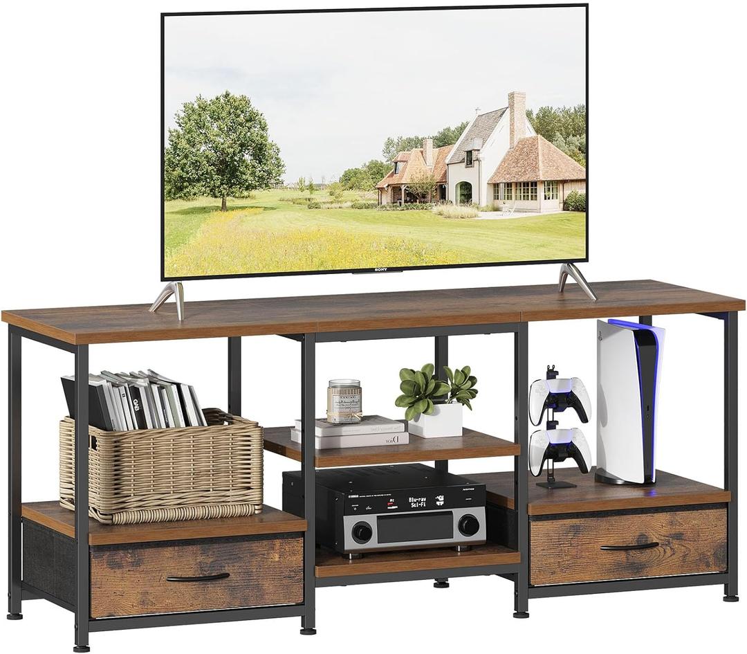 DUMOS 47 Inch TV Stand for 55-65 Inch TVs, Entertainment Center with Charging Station(2AC+USB+Type-C), Media Console Table with Storage Drawers & Open Shelves, Heavy Duty for Living Room, Rustic Brown, 15.8"D x 47.2"W x 21.7"H