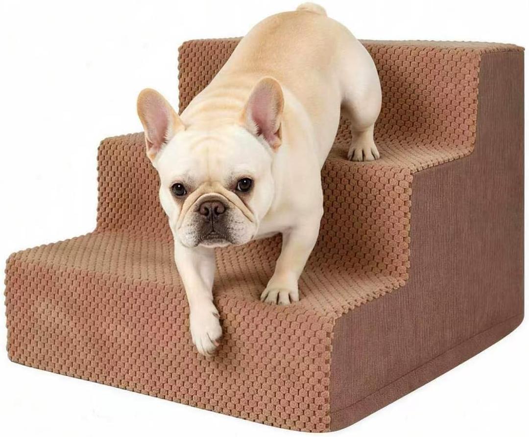 3 Step Dog Stairs for Small Dogs Cats, Brown Mesh Pet Steps, Non-Slip Pet Stairs for Couch Sofa Bed, Indoor Portable Dog Steps with Zipper Bottom for Medium Dogs,Puppy and Old Cat