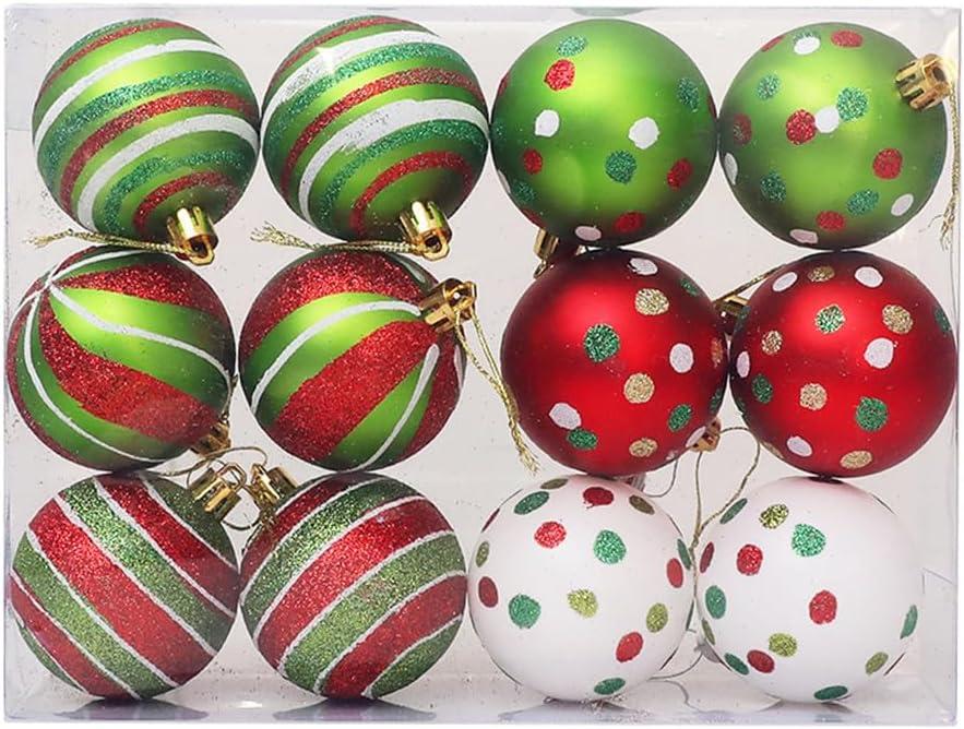 Ochine 12 Pcs 2.4 Inch Christmas Ball Ornaments for Tree, Black and White Christmas Ball Ornaments Red and Green Glittering Hanging Bulbs Pendants for Christmas Tree Decorations