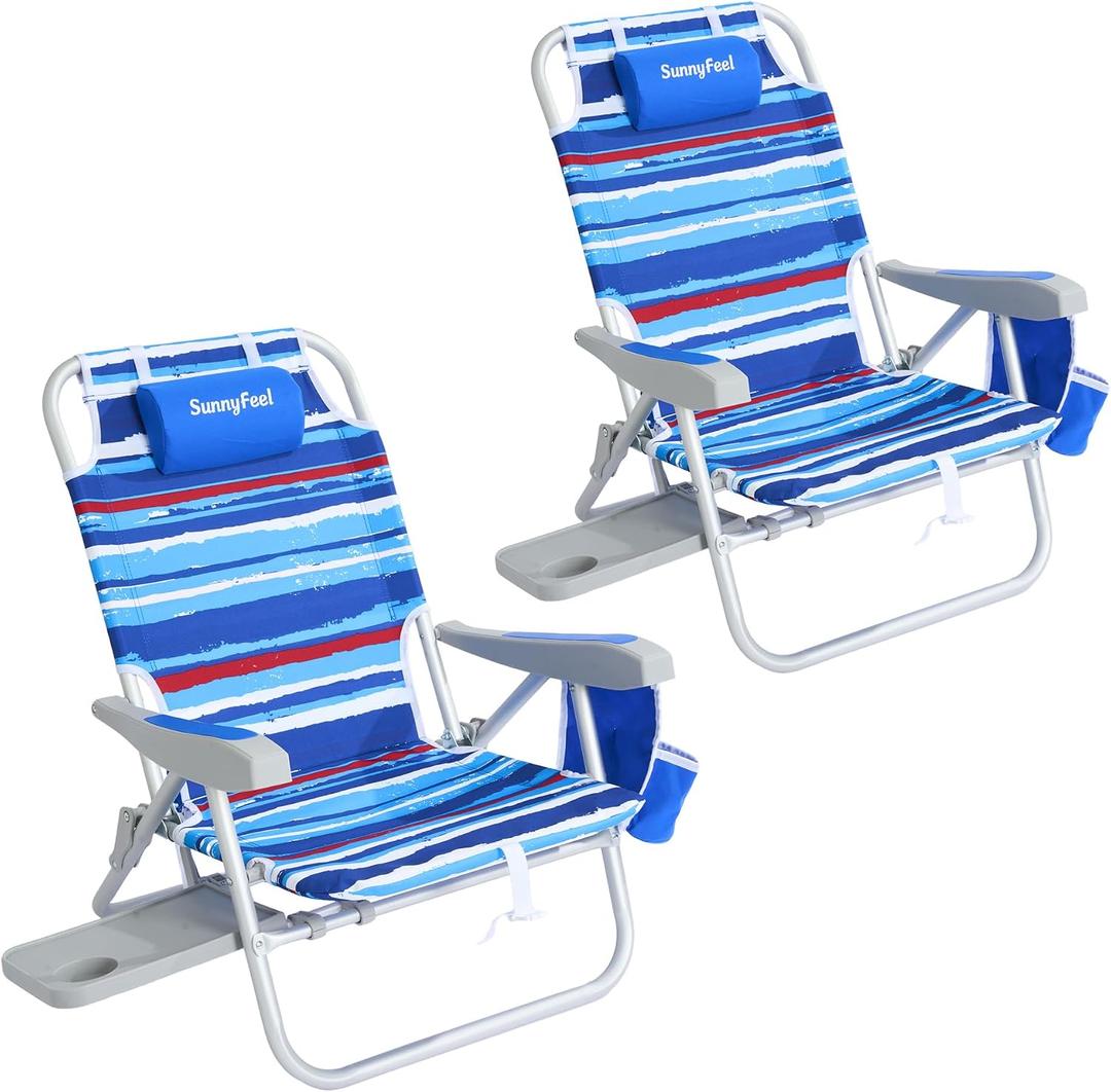 SUNNYFEEL Portable Beach Chair, Lightweight Beach Chair for Adults, Folding Camping Chair with Side Table & Organizer Bag, 3 Position Adjustable, 300lbs Heavy Duty, Low Back, Blue Stripes, 2 Pack, 19.29 in x 19.29 in x 24.8 in