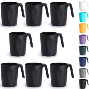 Berglander Black Plastic Coffee Mugs Set of 8, Plastic Cups with Handles 15oz, Reusable Water Cup, Easy to Carry, Great for Home, Garden, Picnic, Camping, Outdoor