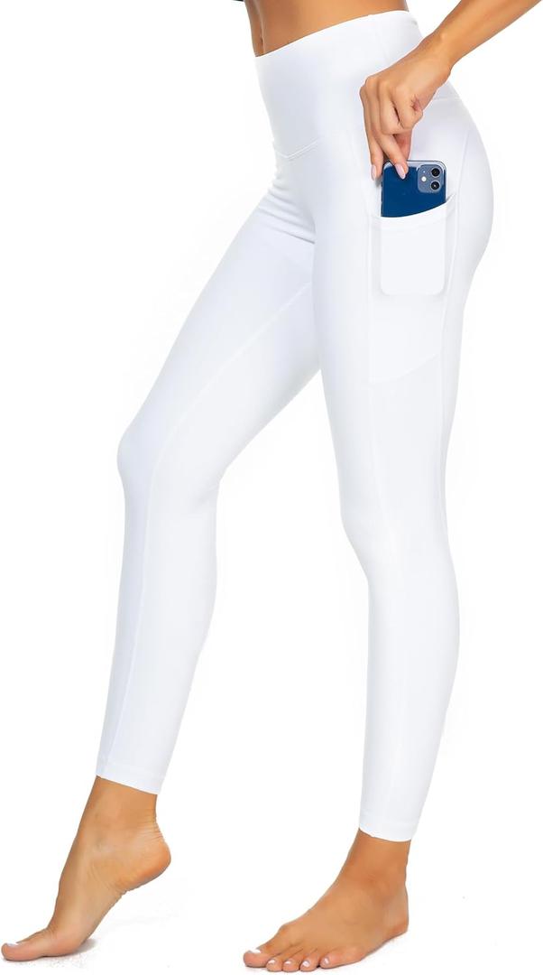 Kcutteyg Yoga Pants for Women with Pockets High Waisted Leggings Workout Sports Running Athletic Pants (Large, Full Length White)
