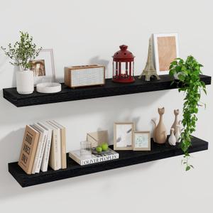 Marsmiles Wood Floating Shelves for Wall Set of 2, 36 Inch Wide Rustic Wooden Floating Shelves, Invisible Wall Mounted Display for Living Room Bedroom Kitchen Bathroom Office, White (Distressed Black)
