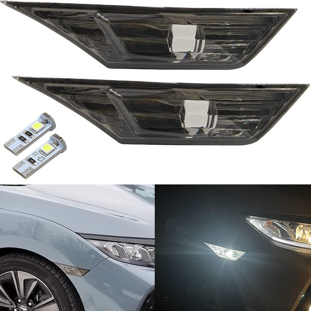 Smoked Lens 10th Gen Civic Side Marker Lights For 2016 2017 2018 2019 2020 2021 Honda Civic Coupe Hatchback White LED Clearance Markers Indicator Lamps + 2Pcs T10 194 LED Light Bulbs OEM#H02551127N