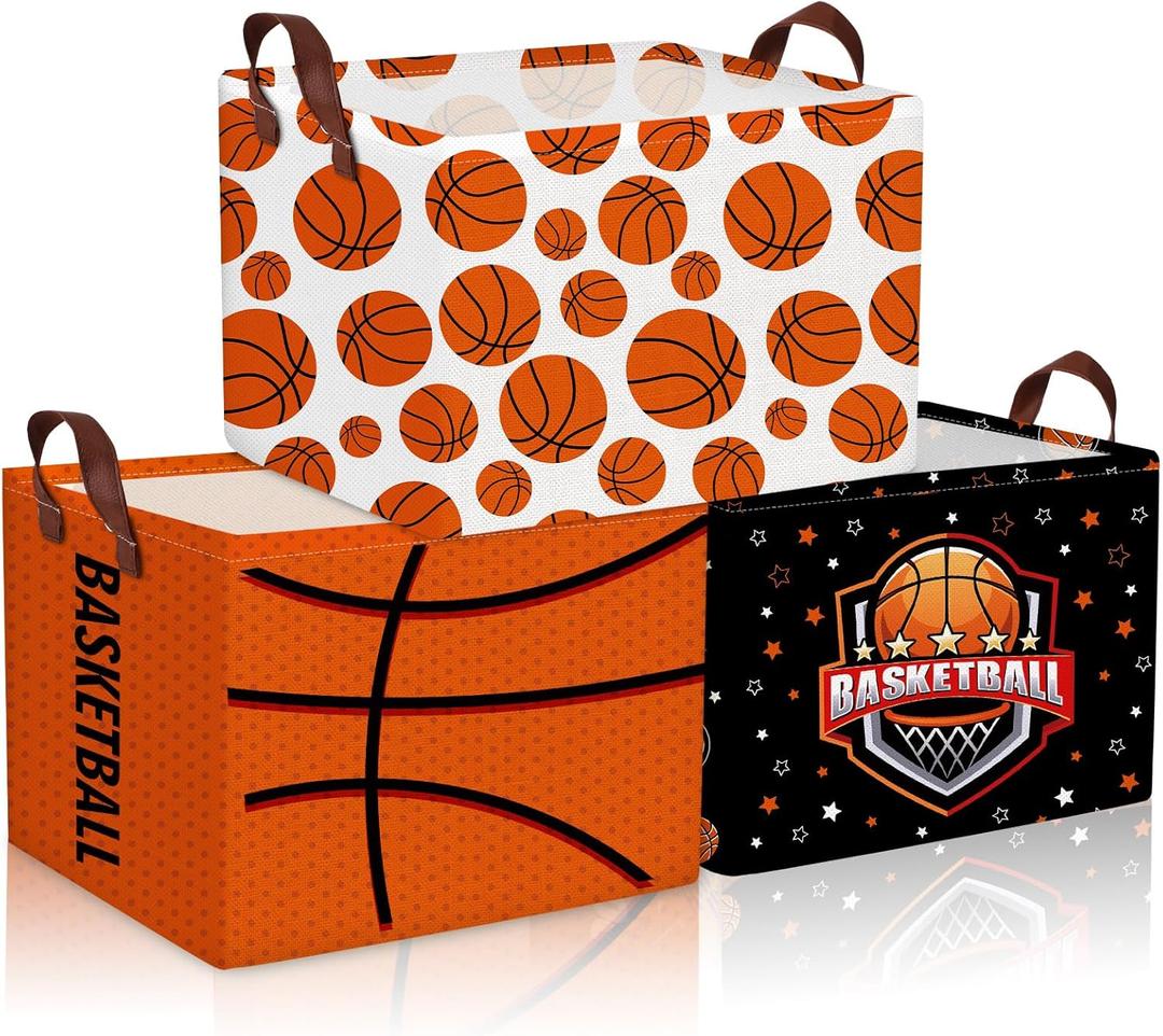 CHENGU 3 Pcs Basketball Baskets Storage Bin Basket for Gifts Collapsible Waterproof Canvas Cube Sports Storage Basketball Organizer with Handles for Clothes Toys Balls Shelf Nursery Boxes Decor